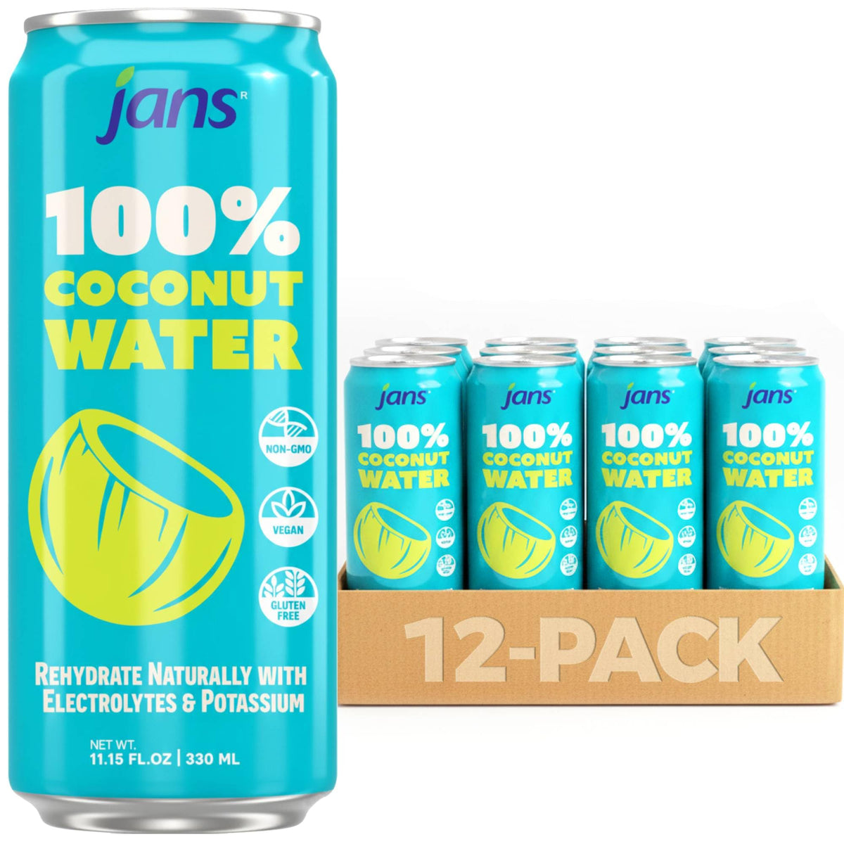 Jans 100% Coconut Water – No Added Sugar, 11.15 oz Cans (Pack of 12)