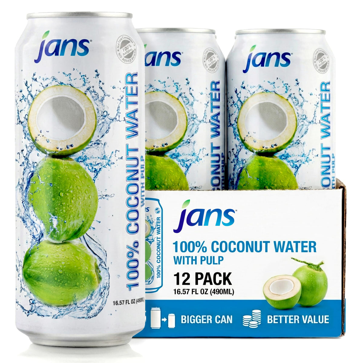 Jans 100% Coconut Water with Pulp – No Sugar Added, 16.57 oz (Pack of 12) | Hydration with Electrolytes