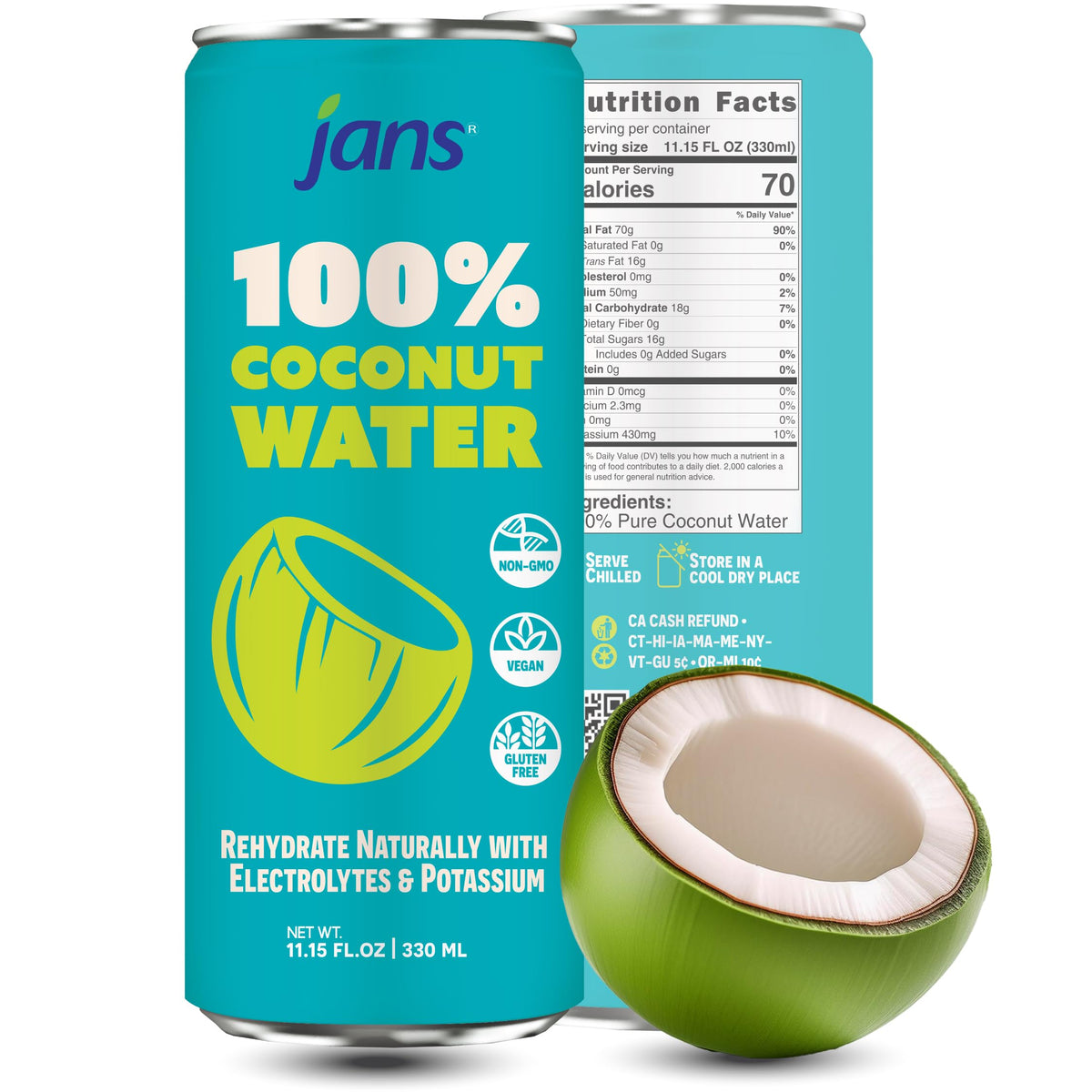 Jans 100% Coconut Water – No Added Sugar, 11.15 oz Cans (Pack of 12)