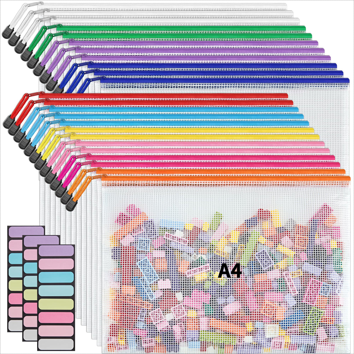 JARLINK A4 Mesh Zipper Pouch Bags, 24 Pcs Waterproof Zipper Pouch Bags