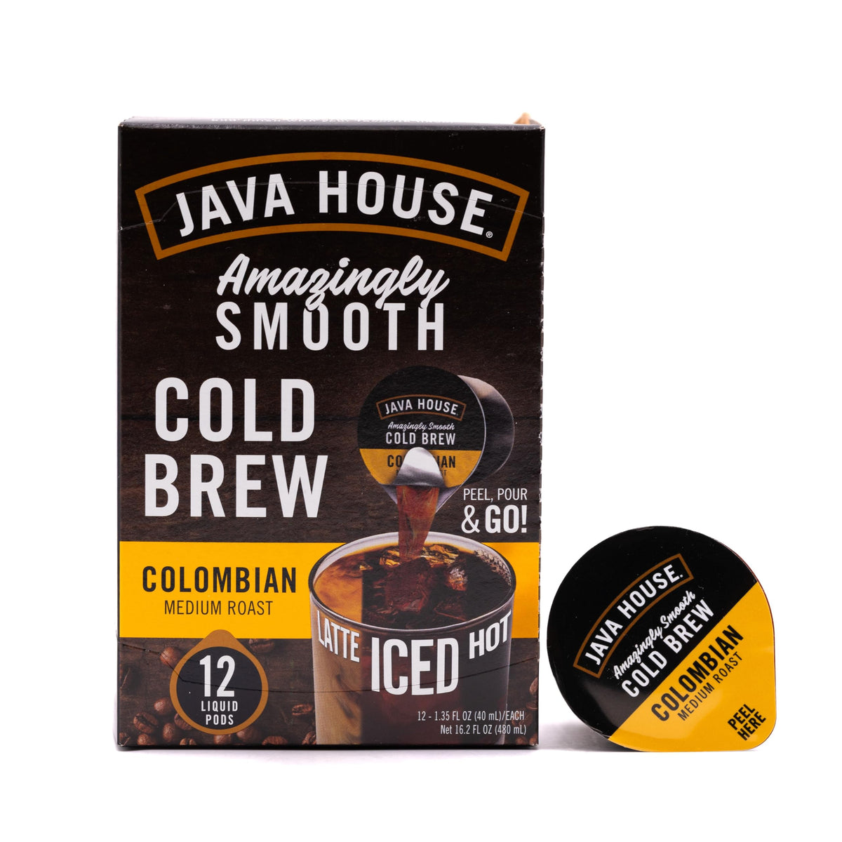 JAVA HOUSE Medium Roast Colombian Cold Brew Capsules – Peel and Pour, 12 Count (1.35 fl oz), TSA Approved
