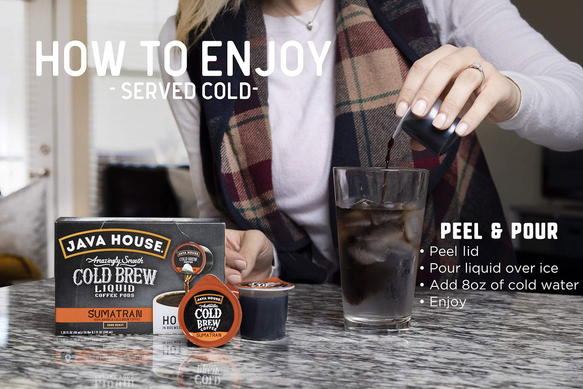Java House Dark Roast Sumatran Cold Brew Capsules — Peel & Pour, 12 Count, TSA-Approved