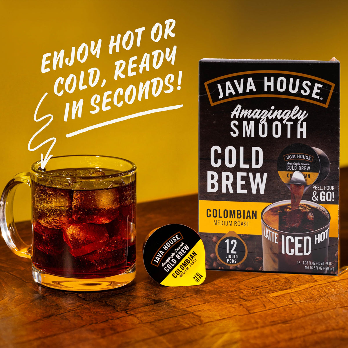 JAVA HOUSE Medium Roast Colombian Cold Brew Capsules – Peel and Pour, 12 Count (1.35 fl oz), TSA Approved