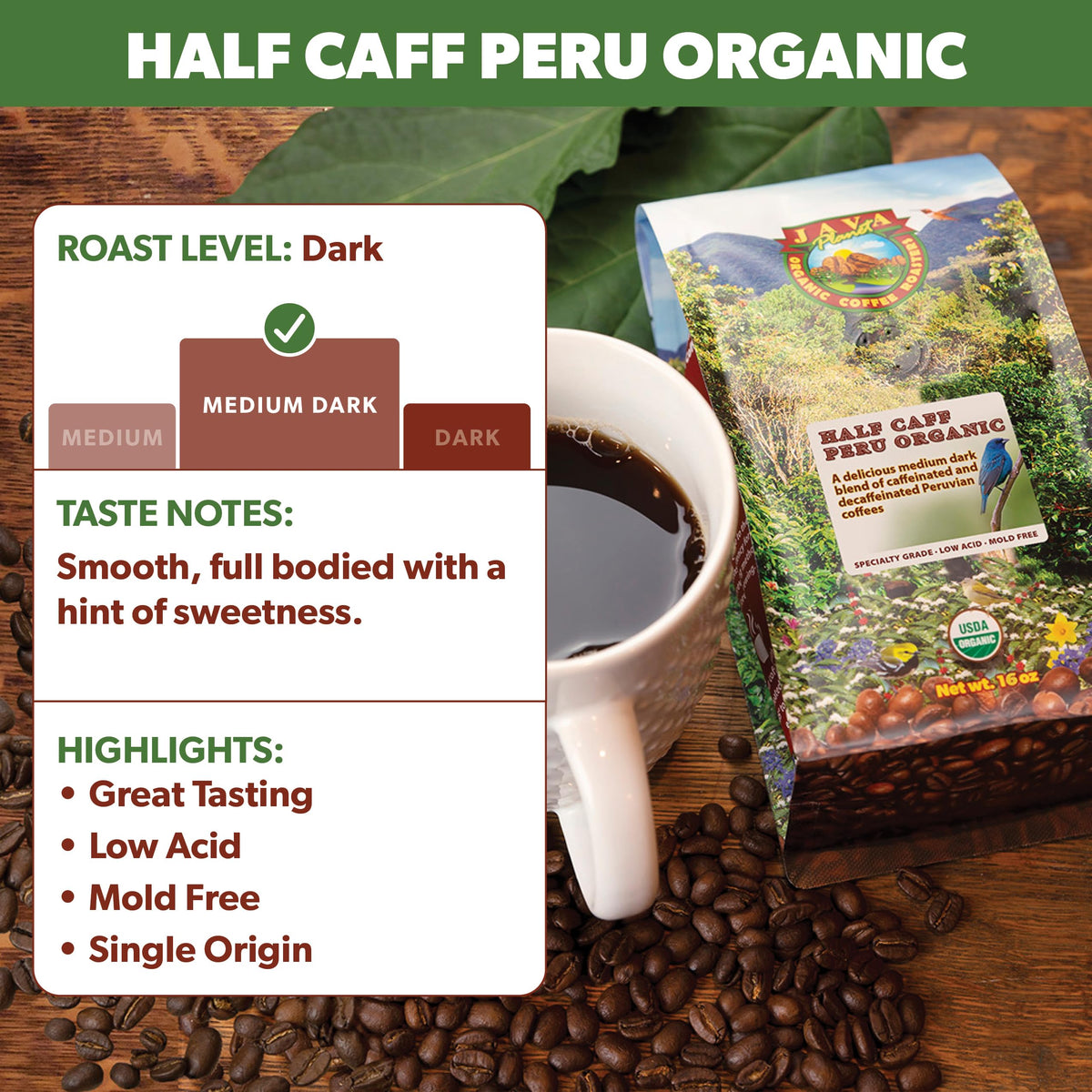 Java Planet Low Acid Organic Coffee – Half Caff Peru, Whole Bean, Mold-Free & Stomach Friendly | 1 lb
