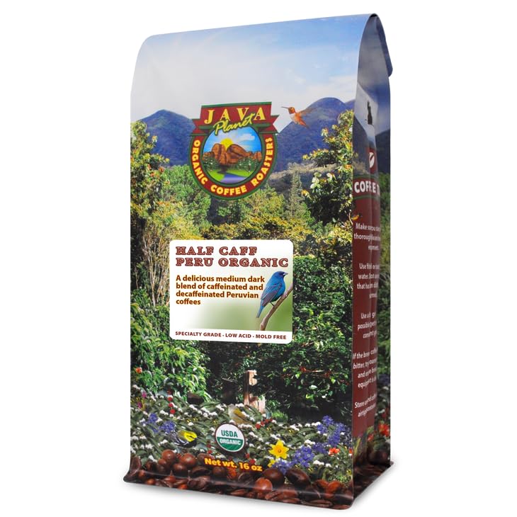 Java Planet Low Acid Organic Coffee – Half Caff Peru, Whole Bean, Mold-Free & Stomach Friendly | 1 lb