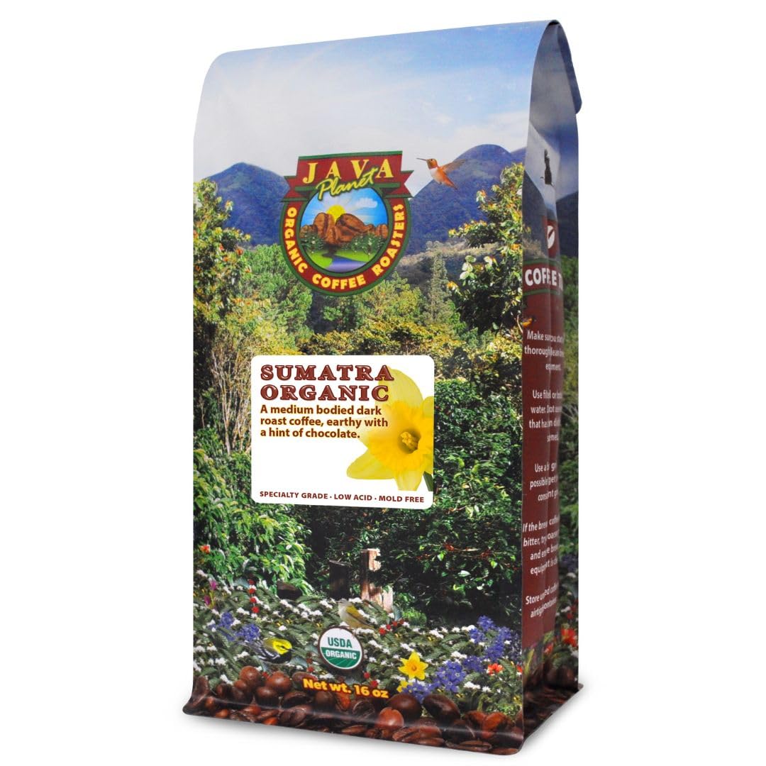 Java Planet Low Acid Organic Coffee – Sumatran Dark Roast, Whole Bean, 1LB Bag | Mold-Free & Stomach Friendly