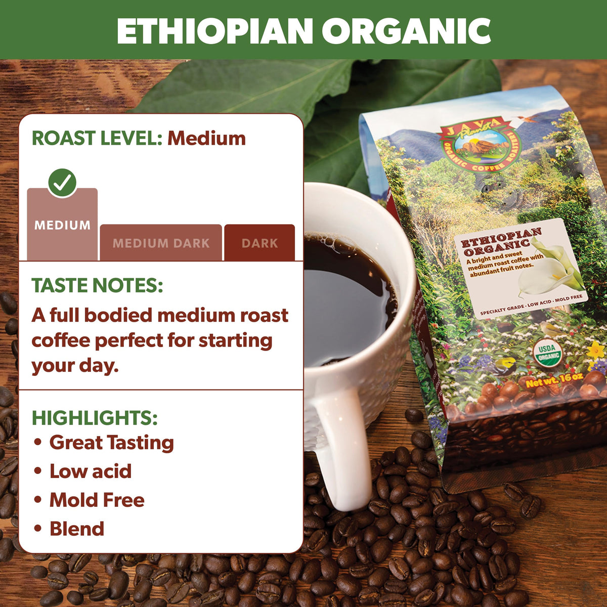 Java Planet Low Acid Organic Coffee – Ethiopian Whole Bean, Medium Roast, Mold-Free | 1LB Bag