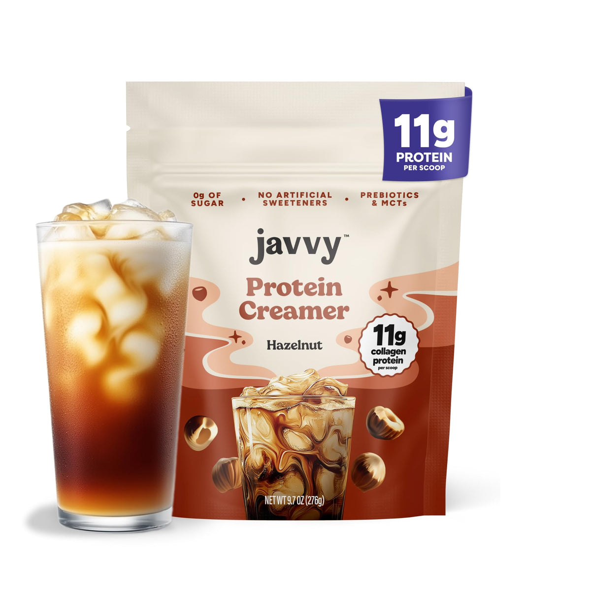 Javvy Hazelnut Protein Coffee Creamer | Grass-Fed Collagen, 11g Protein, Sugar-Free