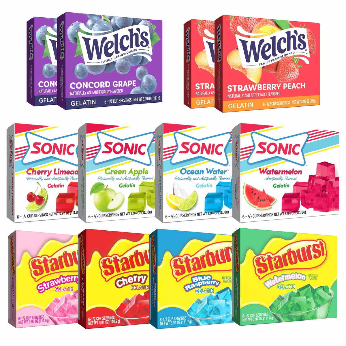 JEL SERT Gelatin Dessert Mix Variety Pack – 12 Flavored Boxes (Welch’s, Sonic, Starburst)