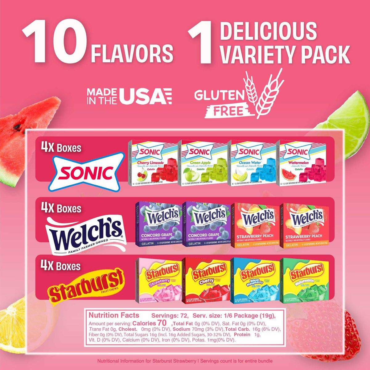 JEL SERT Gelatin Dessert Mix Variety Pack – 12 Flavored Boxes (Welch’s, Sonic, Starburst)