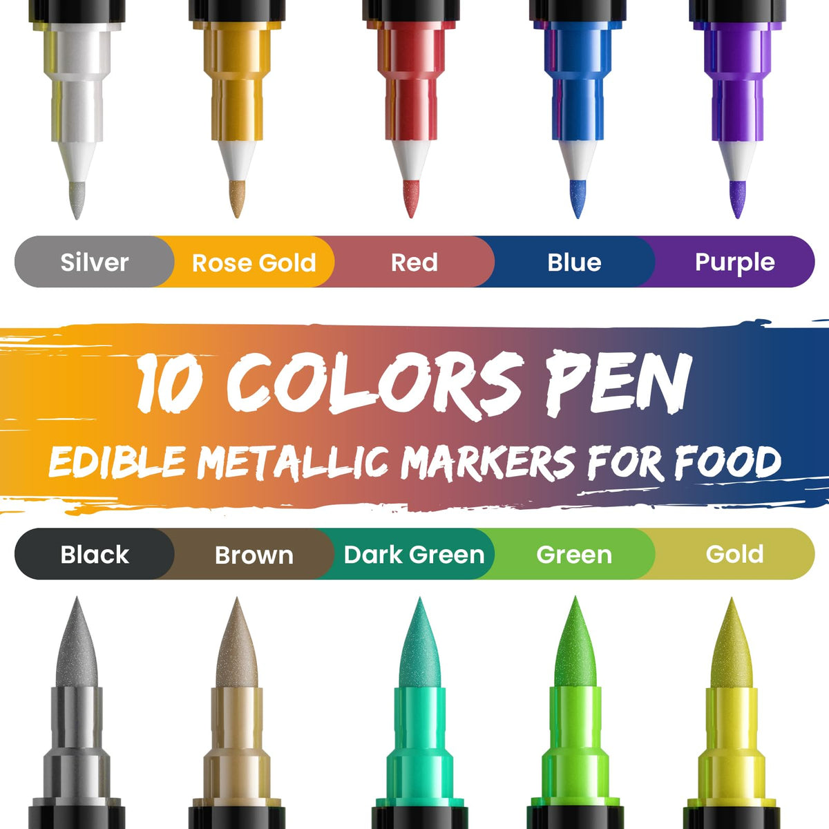 Jewem Edible Markers – Metallic Gold Shimmer 10-Color Set for Desserts