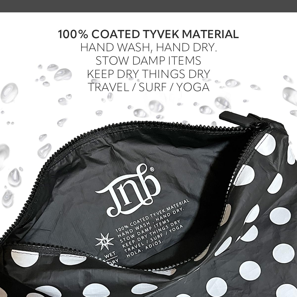 JNB 100% Coated Tyvek Material Polka Dot Beach Pouch, Waterproof Pouch for Beach, Make-up, Wet Dry Bag,Clutch, Bk01