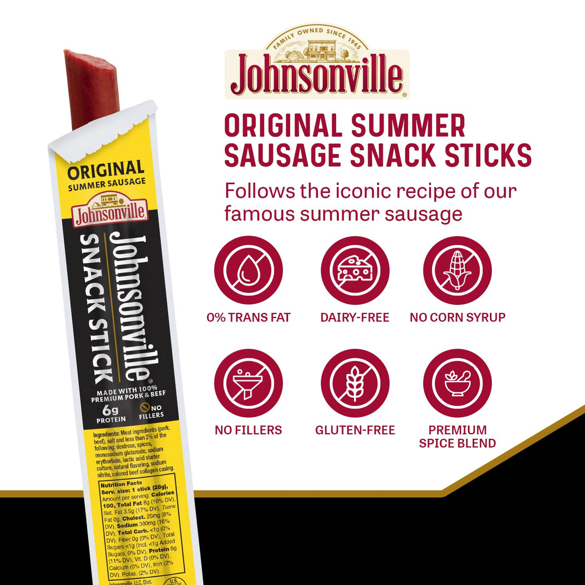 Johnsonville Summer Sausage Snack Sticks – Original, Dairy Free & Gluten Free, 1 oz Pack (24-Pack)
