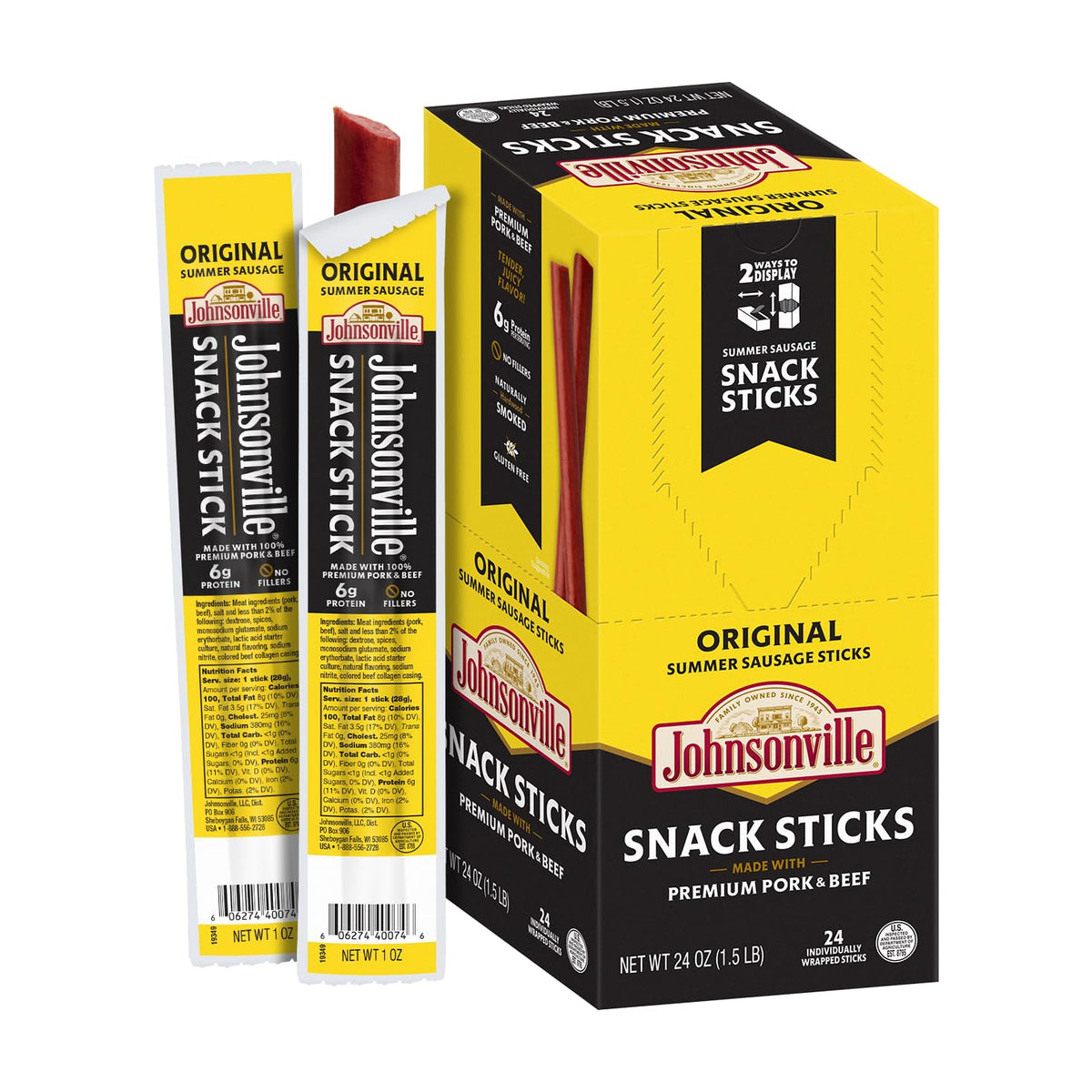 Johnsonville Summer Sausage Snack Sticks – Original, Dairy Free & Gluten Free, 1 oz Pack (24-Pack)