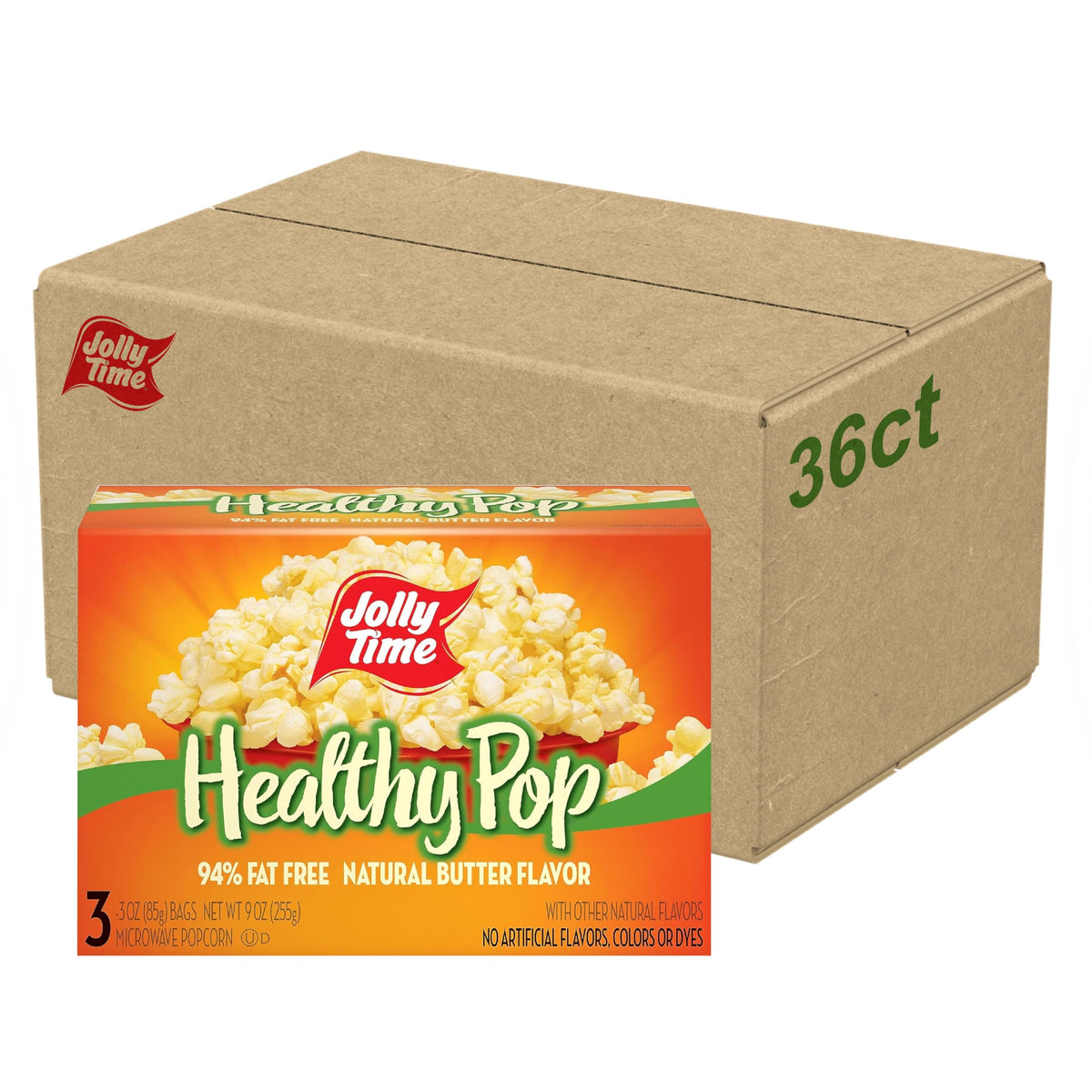 Jolly Time Healthy Pop Butter & Sea Salt Microwave Popcorn — 3 oz Bags, 36-Count, 94% Fat Free, Gluten Free, Non-GMO