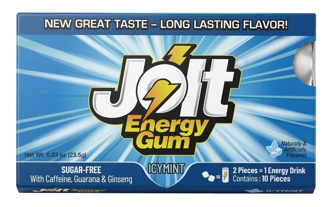 Jolt Energy Gum - Icy Mint (12 Pack, 120 Pieces) Sugar Free | Caffeine, Guarana & Ginseng