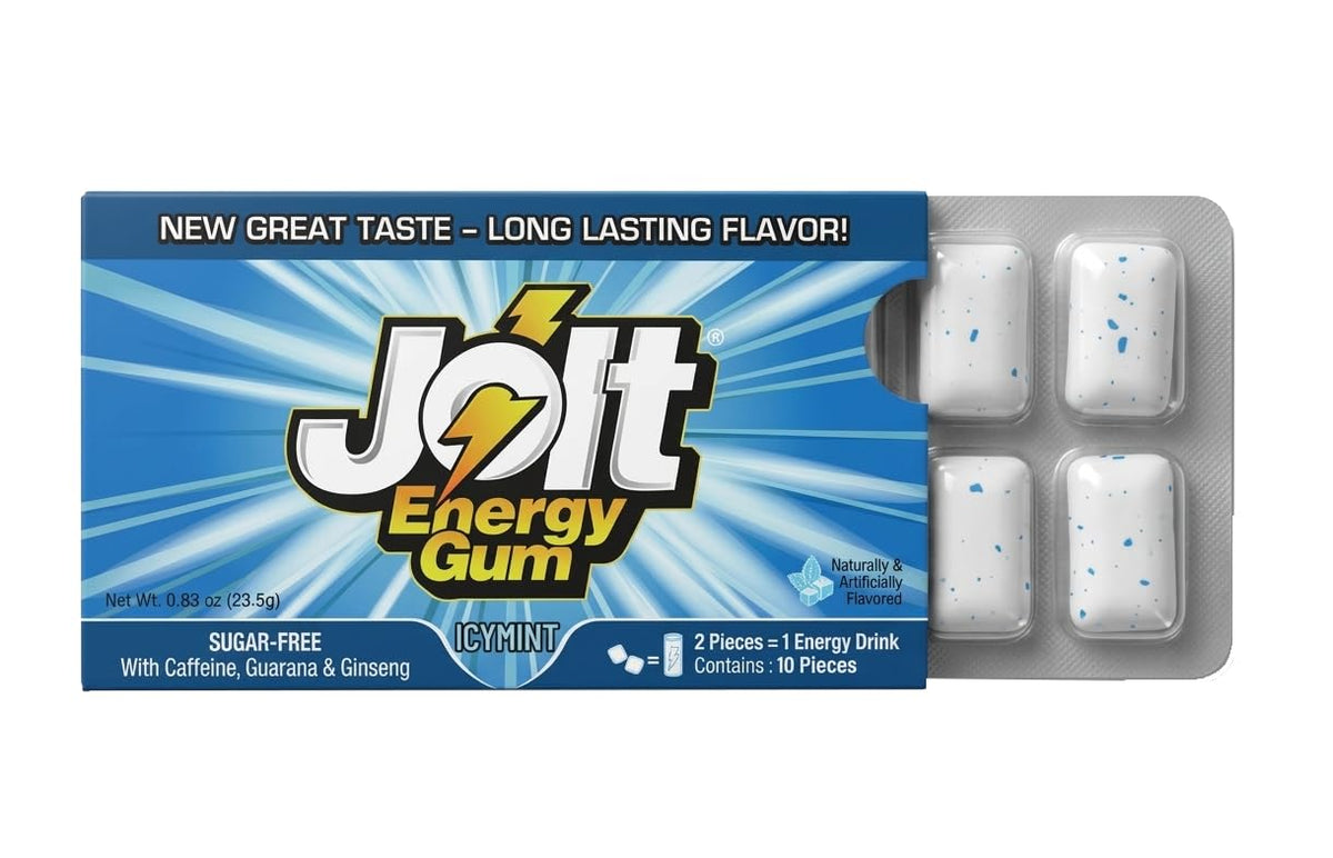 Jolt Energy Gum - Icy Mint (12 Pack, 120 Pieces) Sugar Free | Caffeine, Guarana & Ginseng