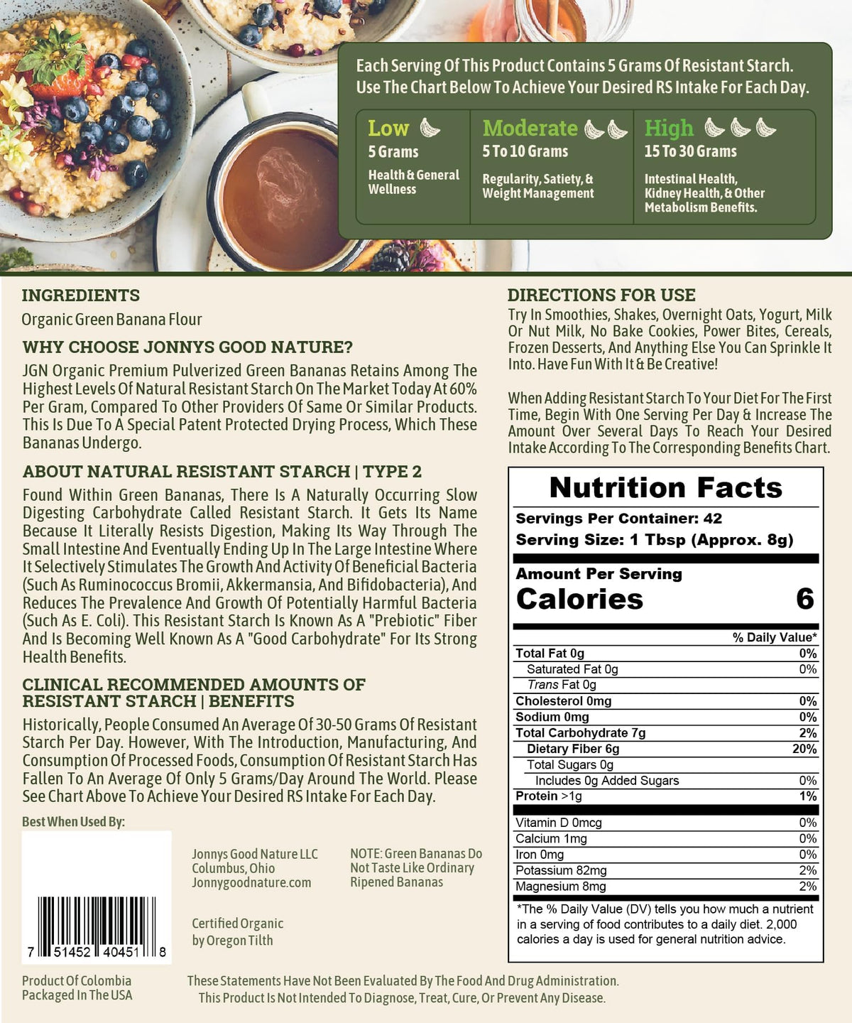 Jonnys Good Nature Organic Green Banana Flour – Ultra High Resistant Starch, 42 Servings