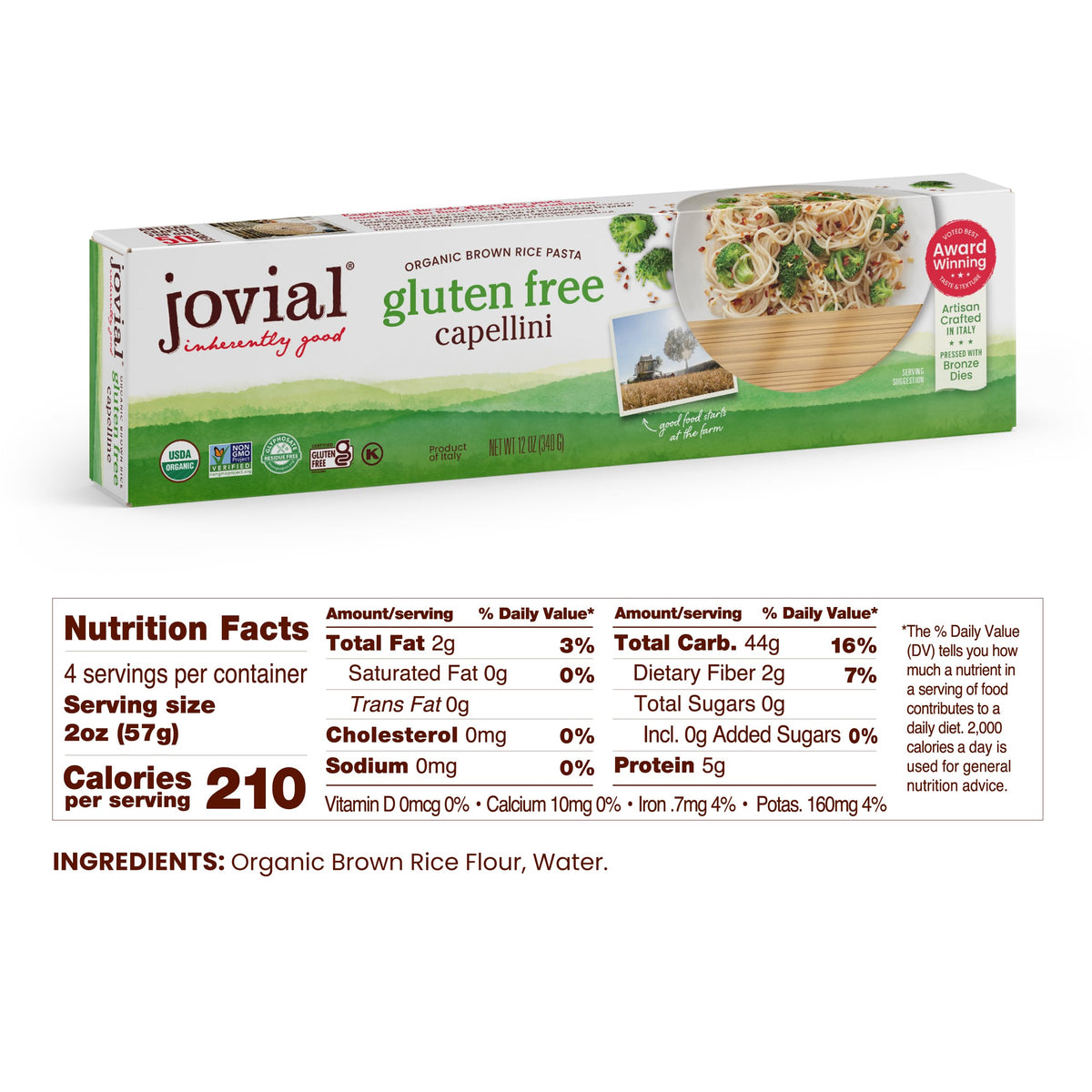 Jovial Whole Grain Brown Rice Capellini Pasta – Organic, Gluten Free, Made in Italy | 12 oz, 12 Pack