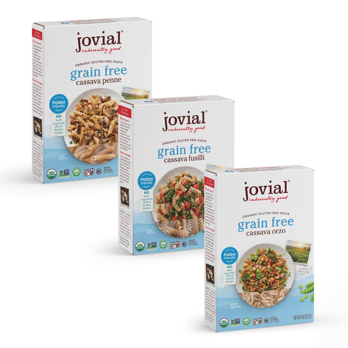 Jovial Grain-Free Cassava Pasta Variety — Orzo, Penne & Fusilli (3 Pack) – Gluten-Free, Organic