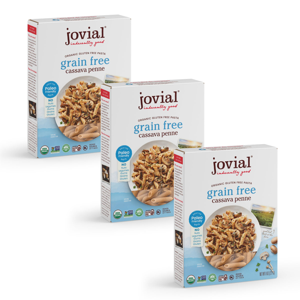 Jovial Grain-Free Cassava Penne Rigate — Organic Gluten-Free Pasta, 3 Pack