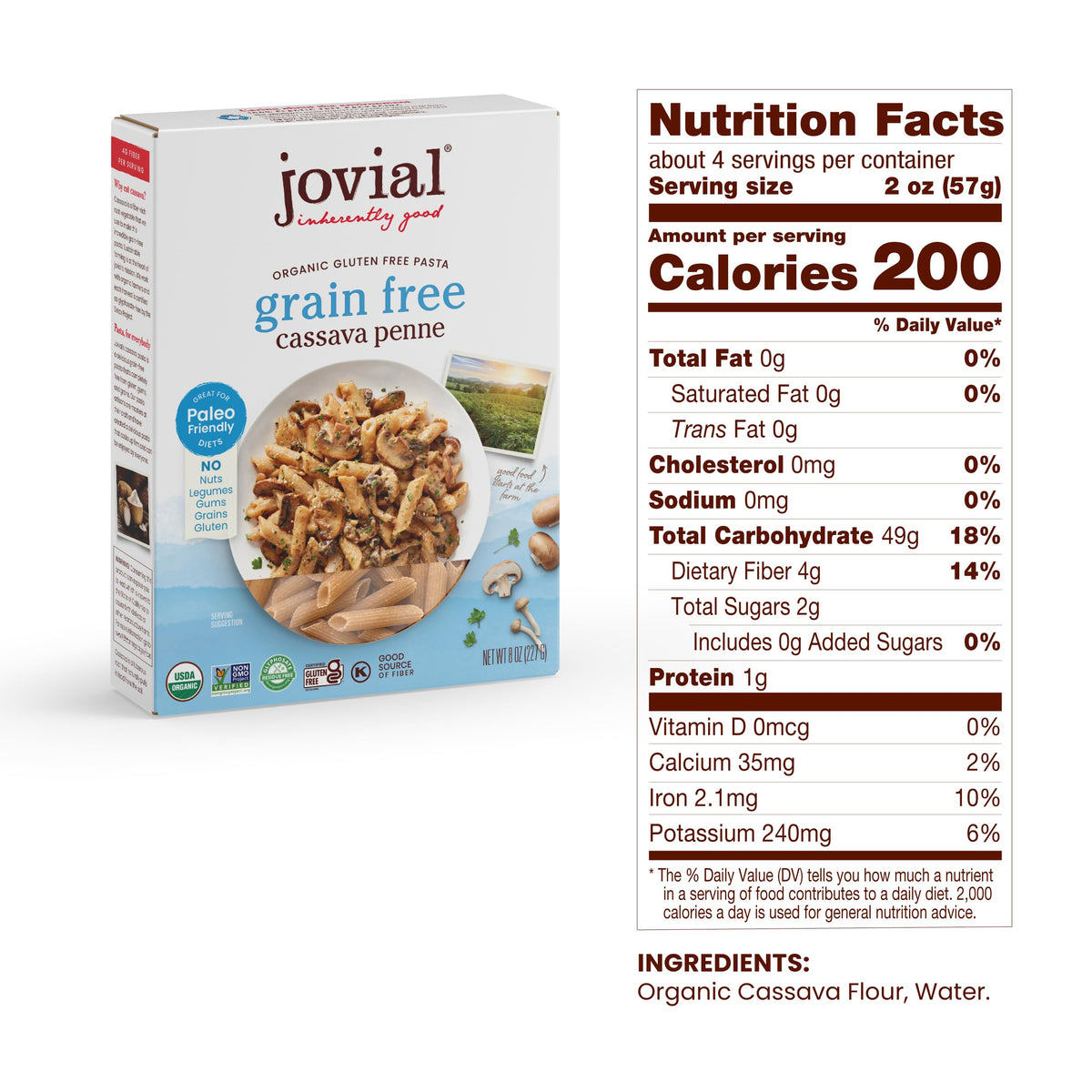 Jovial Grain-Free Cassava Penne Rigate — Organic Gluten-Free Pasta, 3 Pack