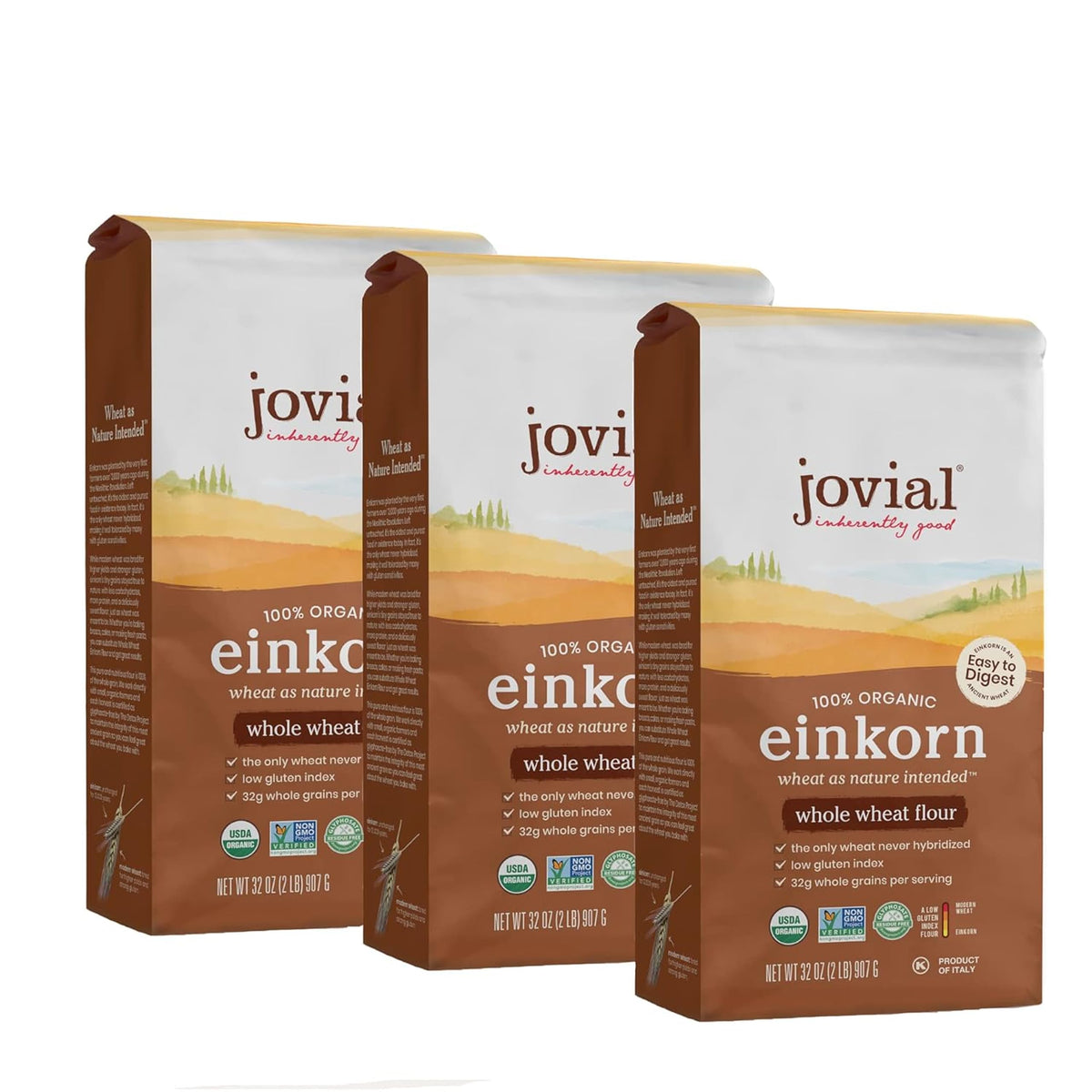 Jovial Organic Einkorn Whole Wheat Flour - 2 lb Pack | Non-GMO, Organic, Glyphosate-Free for Sourdough, Pizza & Pasta