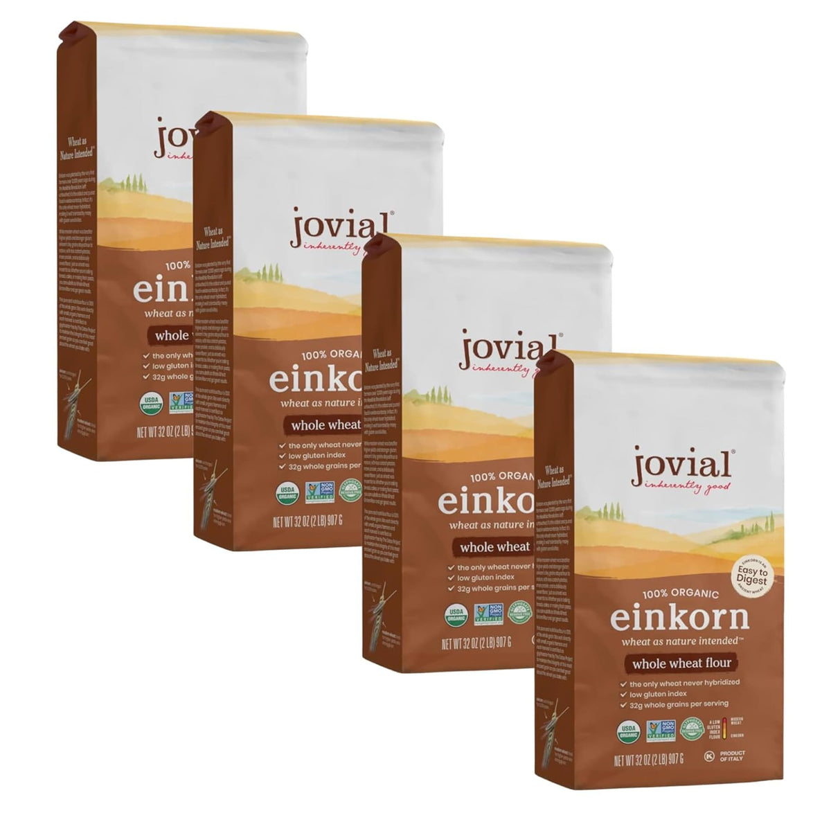 Jovial Organic Einkorn Whole Wheat Flour – 4 Pack (32 oz each), Non-GMO, Glyphosate Free