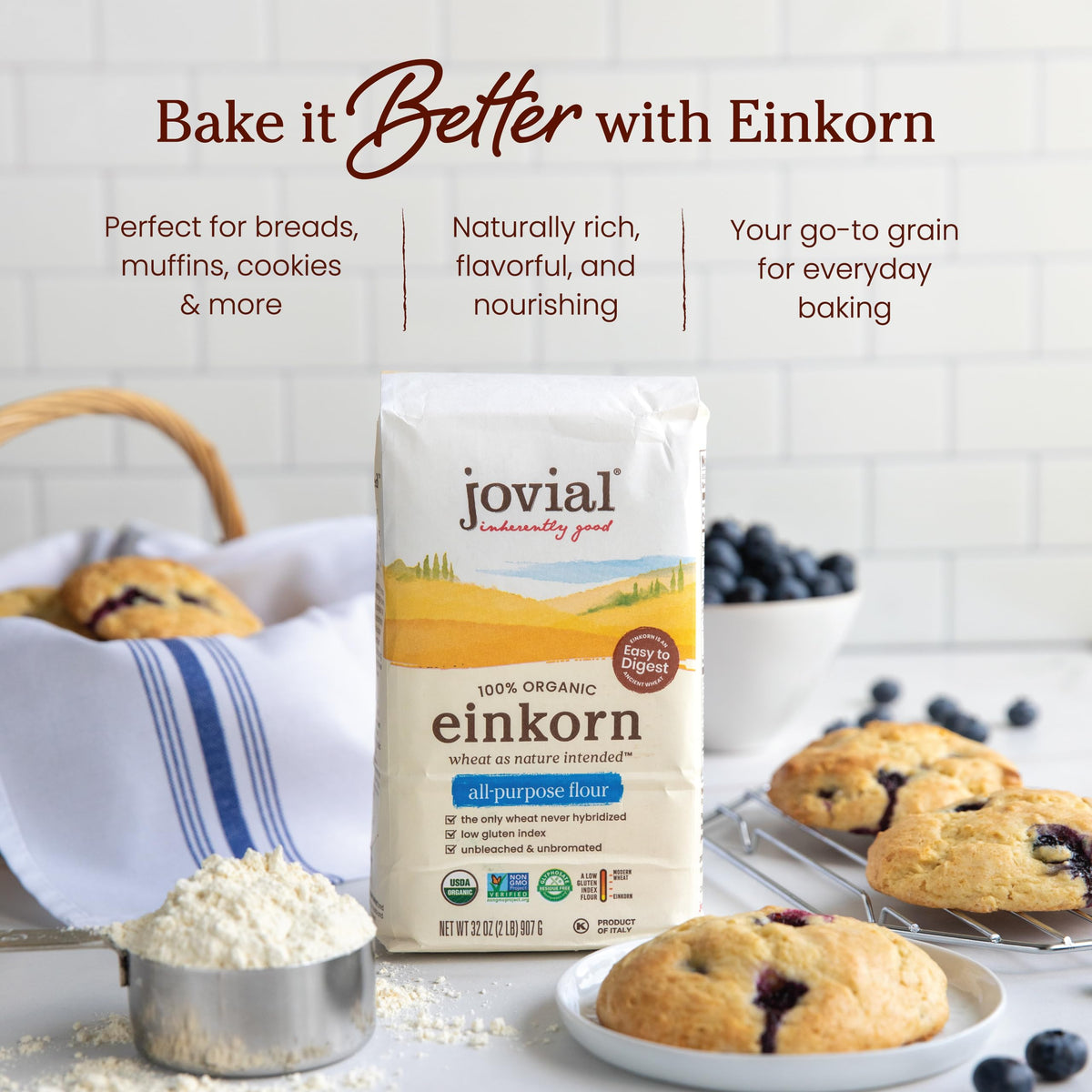 Jovial Organic Einkorn Flour - Whole Wheat & Unbleached All-Purpose (32 oz, 2 Pack) | Sourdough, Pizza & Pasta Flour