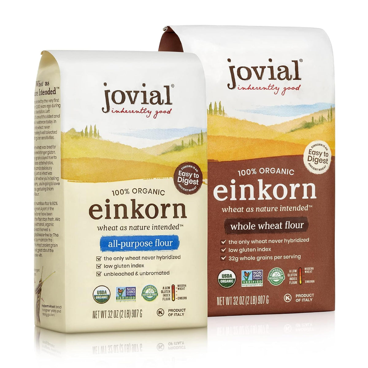 Jovial Organic Einkorn Flour - Whole Wheat & Unbleached All-Purpose (32 oz, 2 Pack) | Sourdough, Pizza & Pasta Flour