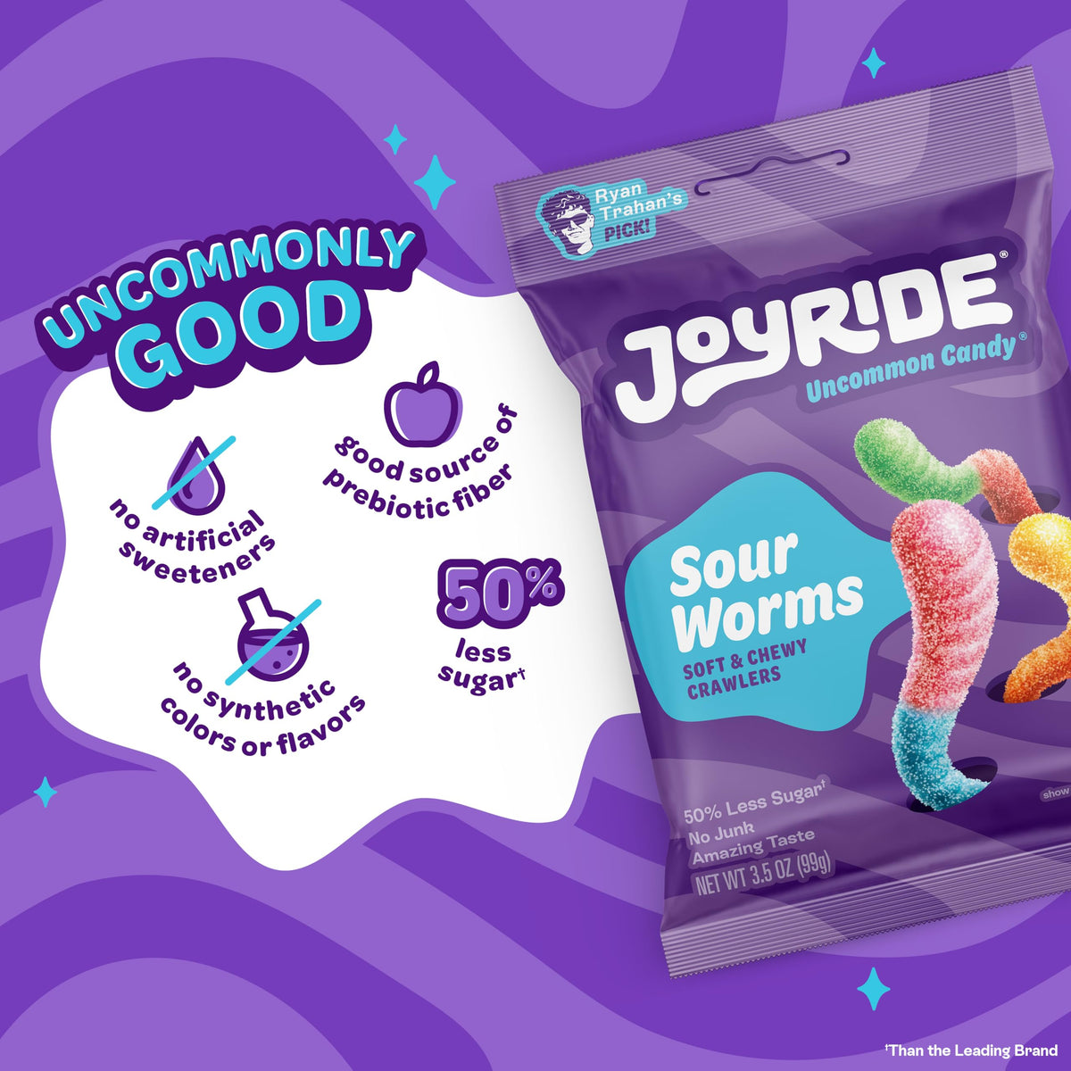 JOYRIDE Sour Worms – 3.5 oz 6-Pack + Glacial Peppermint Gum 2.5 oz | Low Sugar, Dye-Free