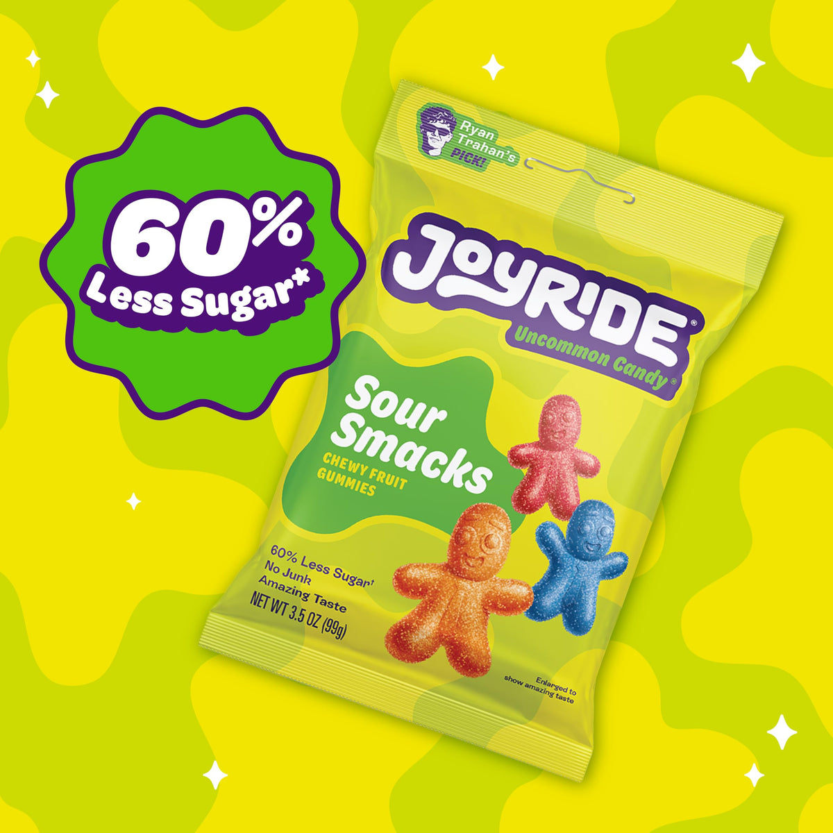 JOYRIDE Sour Smacks – 3.5 oz 6-Pack Bundle + 2.5 oz Glacial Peppermint Gum | Low Sugar, Plant-Based Candy