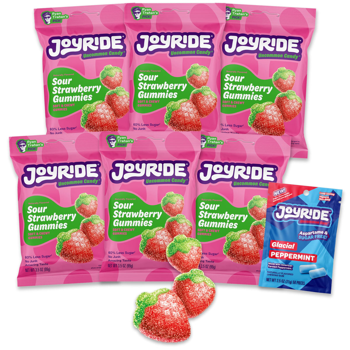 JOYRIDE Sour Strawberry Gummies – 6-Pack Bundle + Peppermint Gum (Low Sugar, High Fiber, Dye-Free)