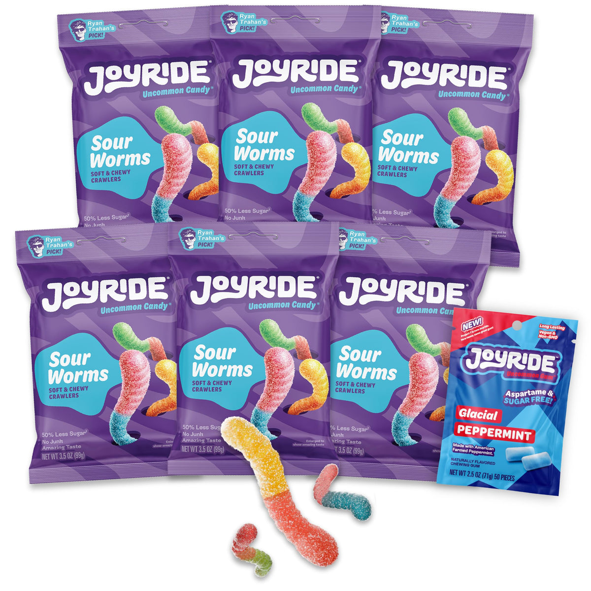 JOYRIDE Sour Worms – 3.5 oz 6-Pack + Glacial Peppermint Gum 2.5 oz | Low Sugar, Dye-Free