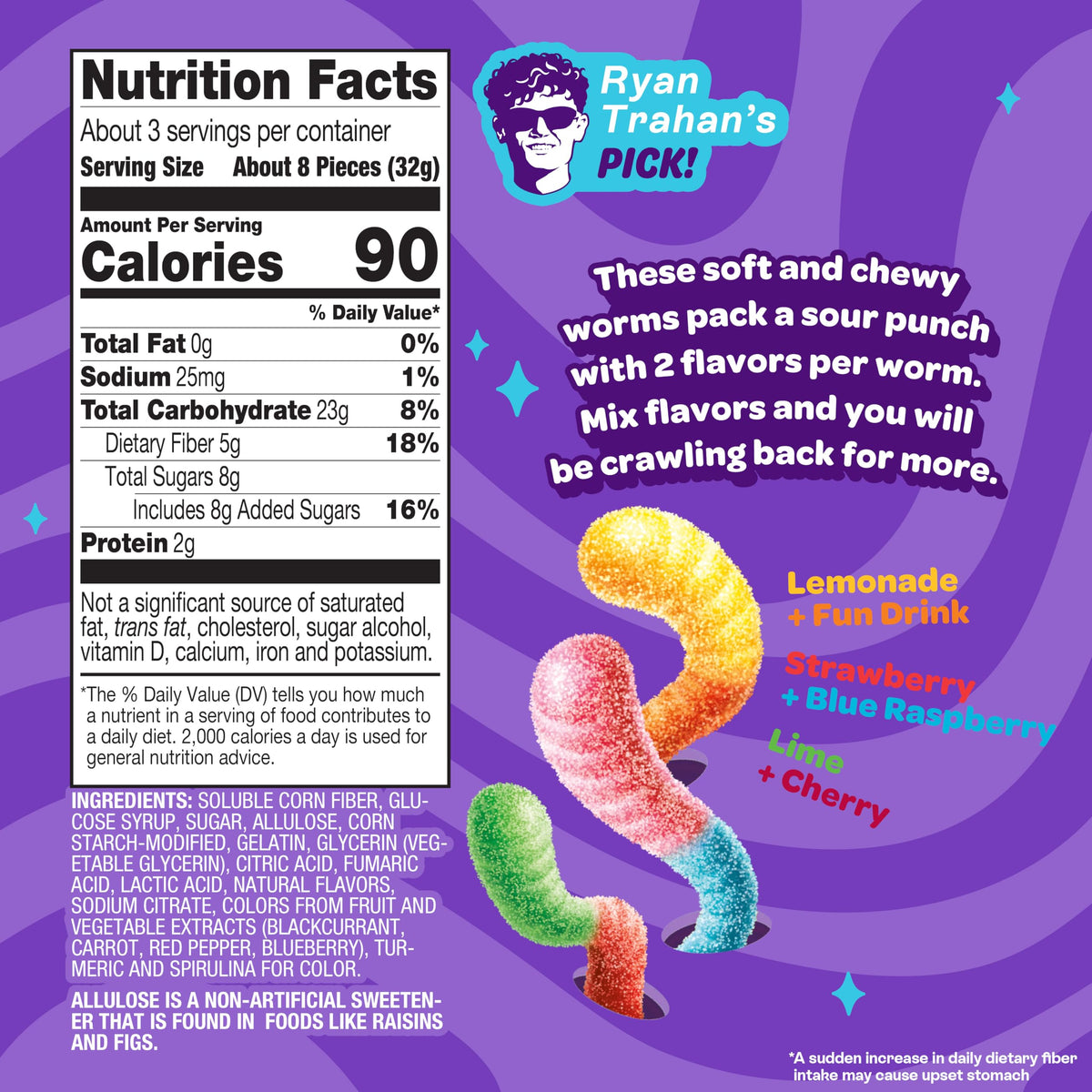 JOYRIDE Sour Worms – 3.5 oz 6-Pack + Glacial Peppermint Gum 2.5 oz | Low Sugar, Dye-Free