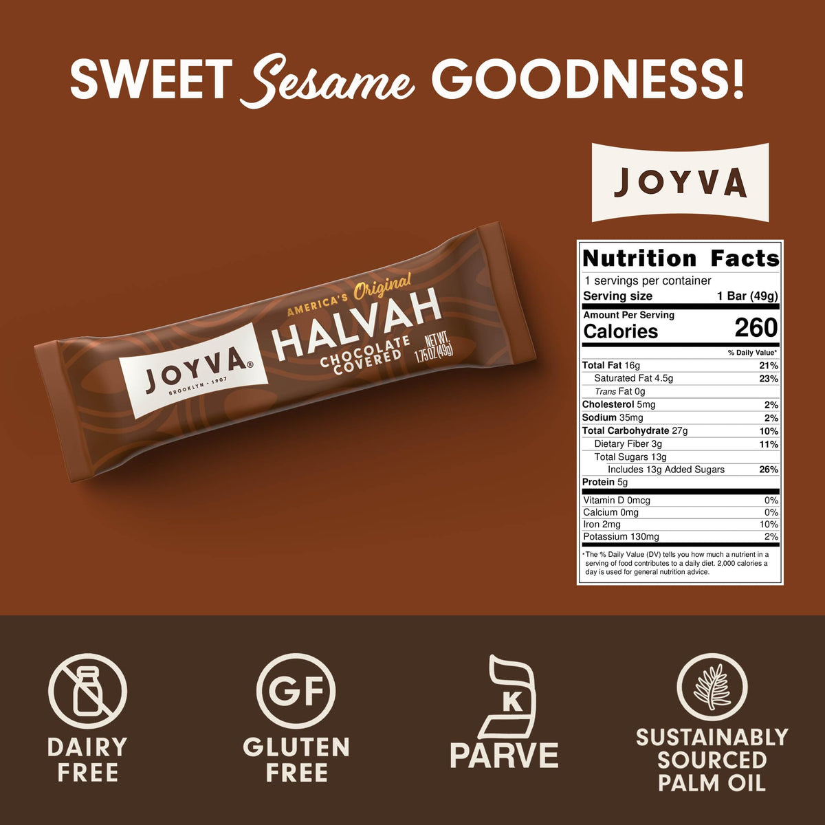 Joyva Halvah – Chocolate Covered, 1.75oz Pack of 36 | Dairy Free, Gluten Free & Kosher Parve | Handcrafted in Brooklyn