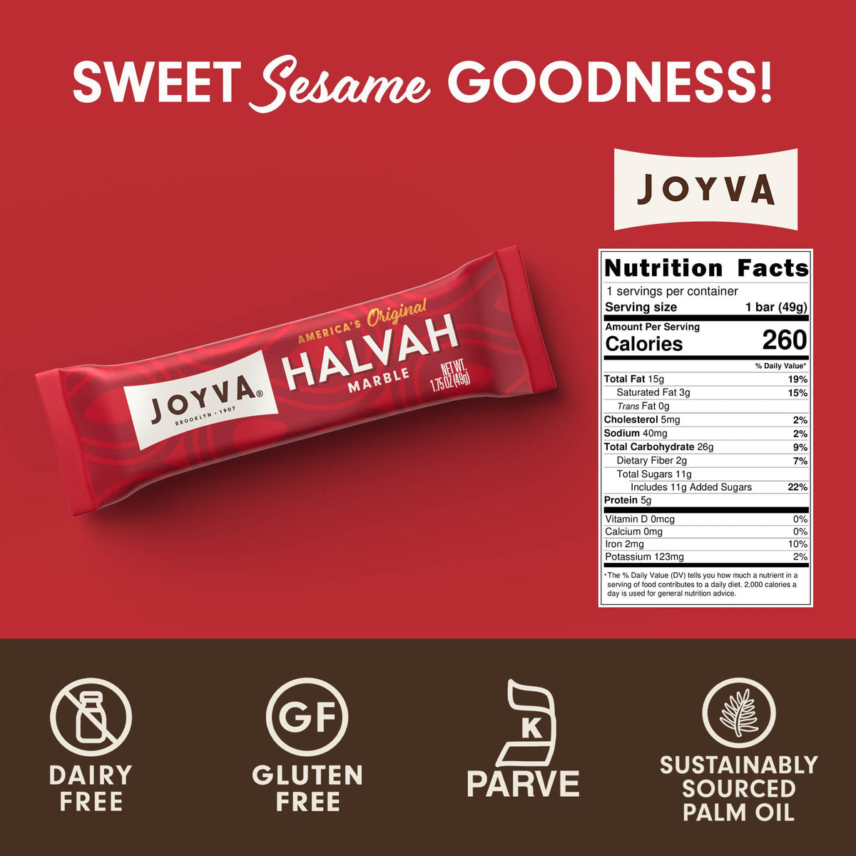 Joyva Halvah Marble – 1.75oz Pack of 36 | Dairy Free, Gluten Free & Kosher Parve | Brooklyn Handcrafted Sesame Treat