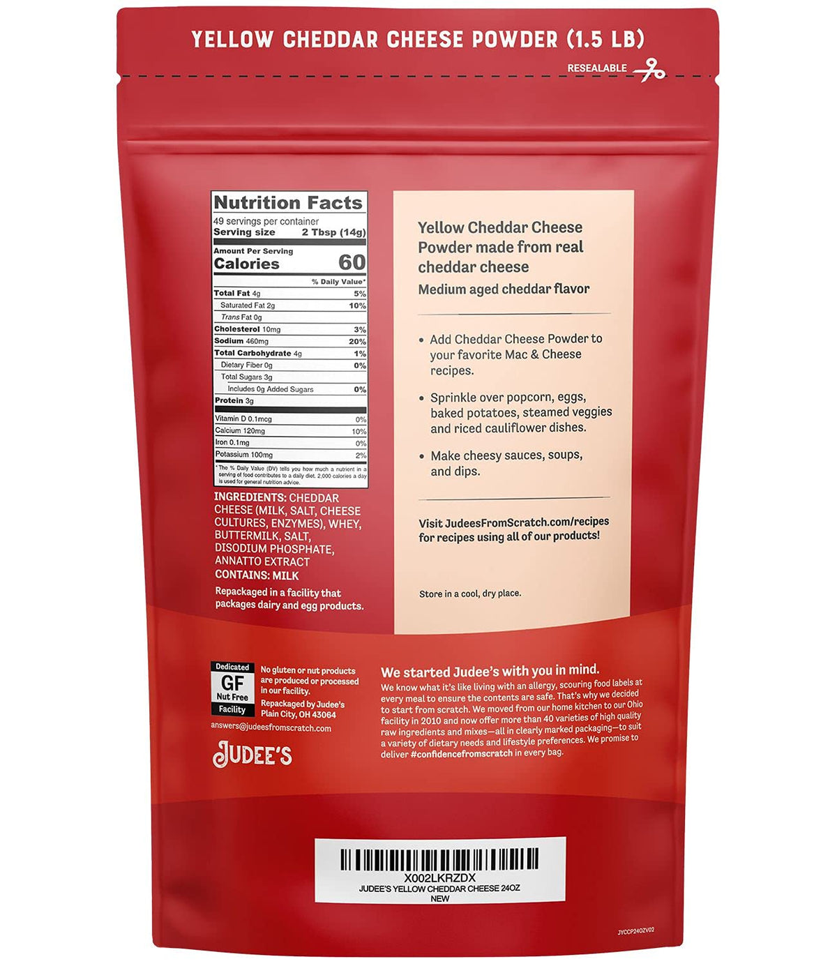 Judee's Gluten Free Cheddar Cheese Powder – Gluten Free & Nut Free, 1.5 lb