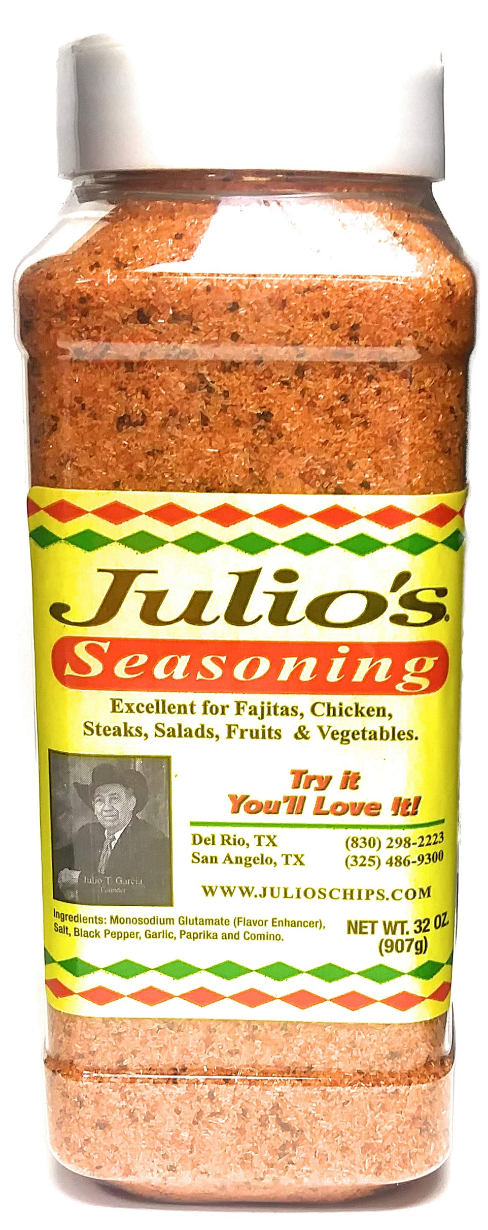Julio's Seasoning 32oz Restaurant Bottle — Texas' Favorite Meat, Taco & Veg Seasoning | Julio's Corn Chips