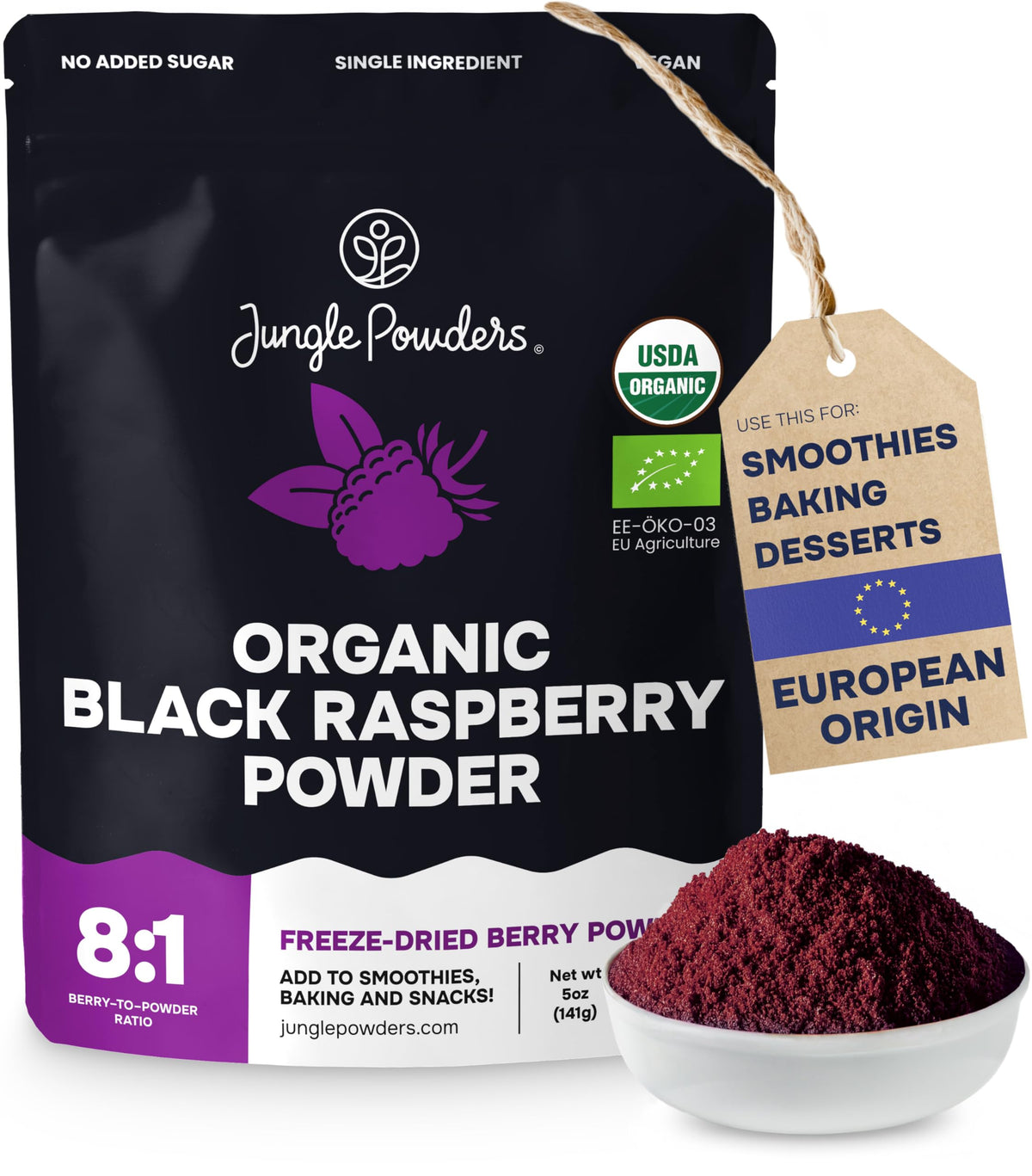 Jungle Powders Organic Black Raspberry Powder – Freeze-Dried, 5 oz (USDA & EU Organic)