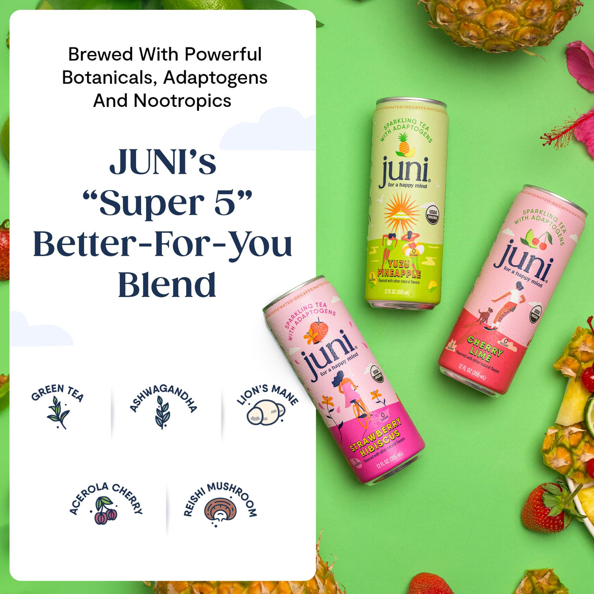 JUNI Sparkling Adaptogen Drink Cherry Lime – 12 Pack | Ashwagandha, Lion’s Mane & Reishi • Zero Sugar, 5 Calories • Decaf