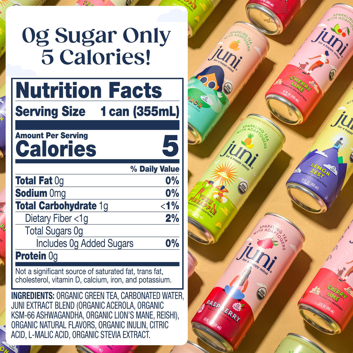 JUNI Sparkling Adaptogen Drink – Peach with Ashwagandha, Lion’s Mane & Reishi | Green Tea, Zero Sugar, 5 Calories | Organic | 12 Pack