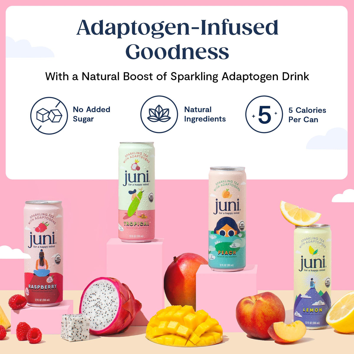 JUNI Sparkling Adaptogen Drink – Lemonade Iced Tea with Ashwagandha, Lion’s Mane & Reishi