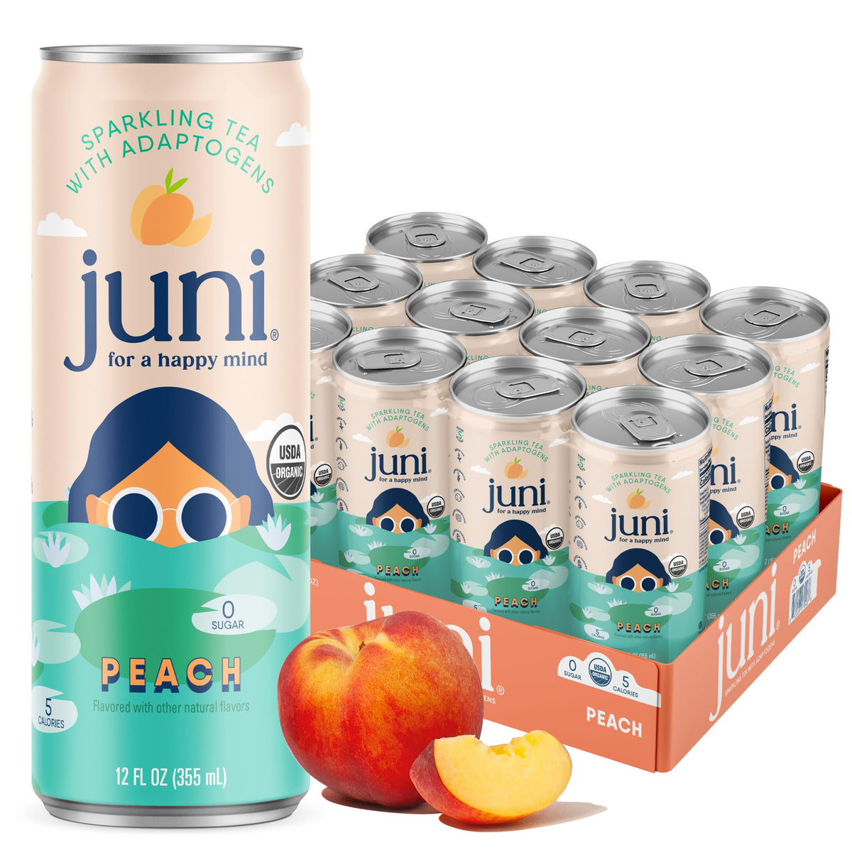 JUNI Sparkling Adaptogen Drink – Peach with Ashwagandha, Lion’s Mane & Reishi | Green Tea, Zero Sugar, 5 Calories | Organic | 12 Pack