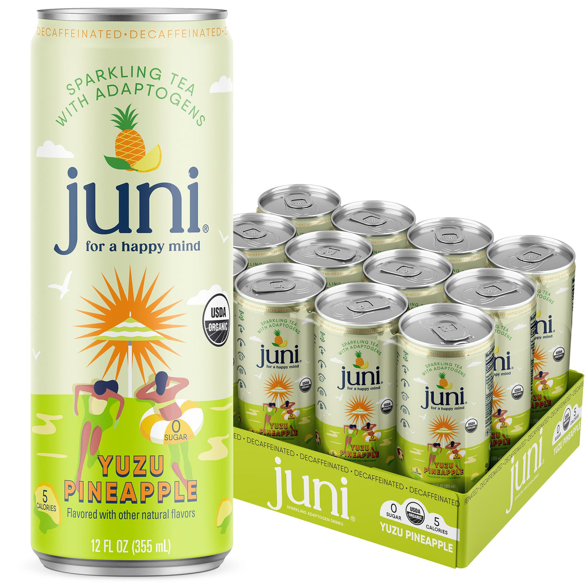JUNI Sparkling Adaptogen Drink – Yuzu Pineapple, Decaf, 0 Sugar, 5 Calories | 12 Pack