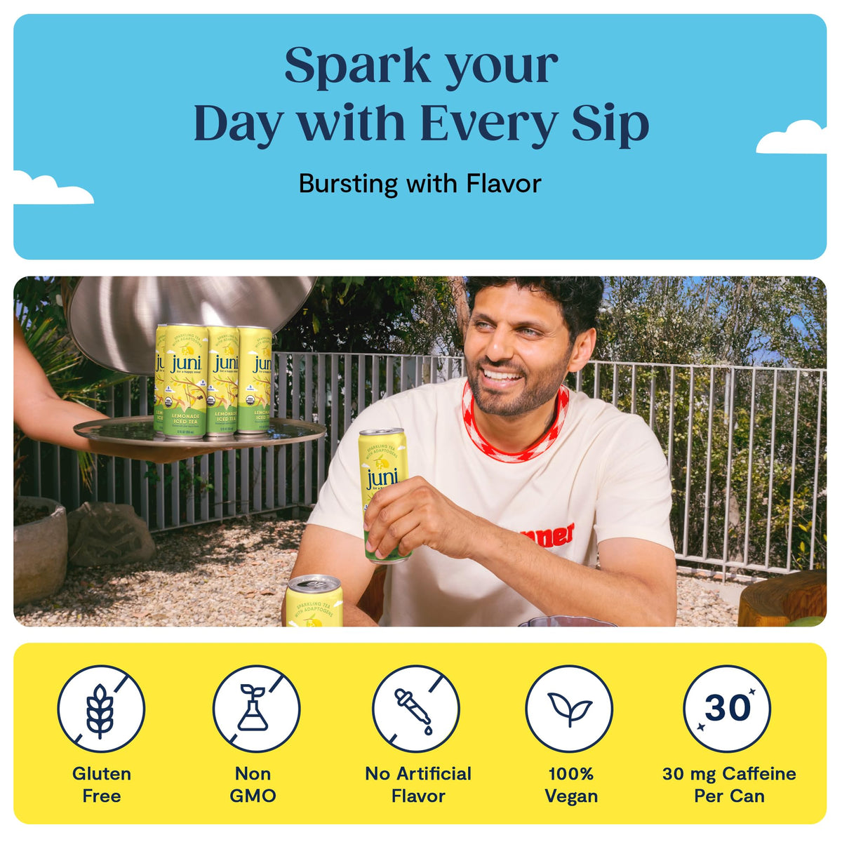 JUNI Sparkling Adaptogen Drink – Lemonade Iced Tea with Ashwagandha, Lion’s Mane & Reishi