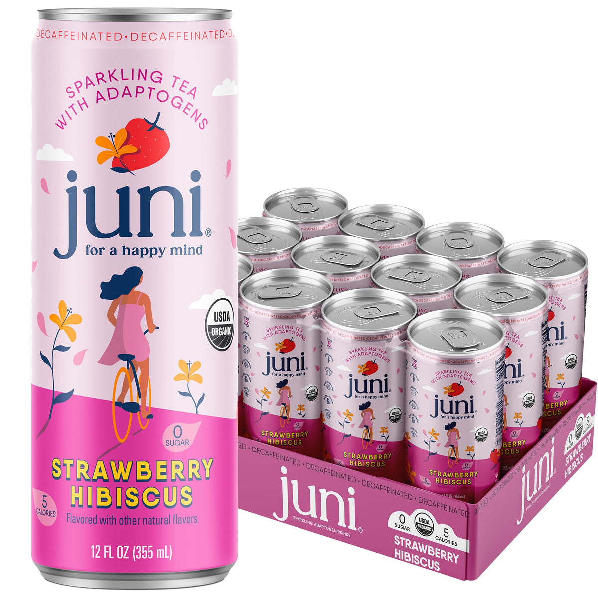 JUNI Sparkling Adaptogen Drink — Strawberry Hibiscus (Decaf, 0 Sugar, 5 Calories) 12-Pack