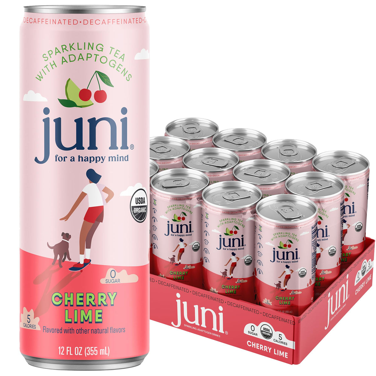 JUNI Sparkling Adaptogen Drink Cherry Lime – 12 Pack | Ashwagandha, Lion’s Mane & Reishi • Zero Sugar, 5 Calories • Decaf