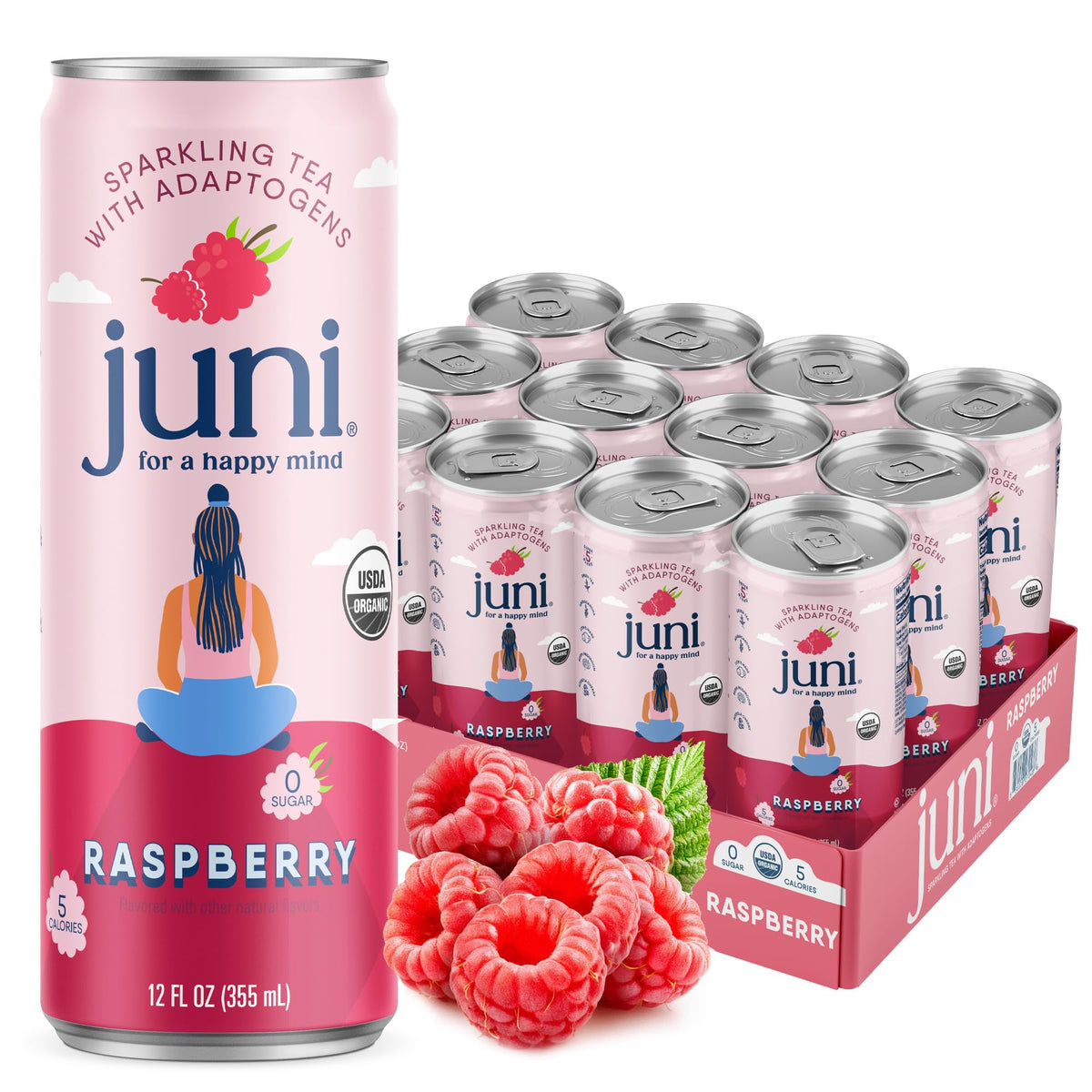 JUNI Sparkling Adaptogen Drink with Ashwagandha, Lion's Mane & Reishi – Raspberry, 12 Pack (Zero Sugar, 5 Calories, Organic)