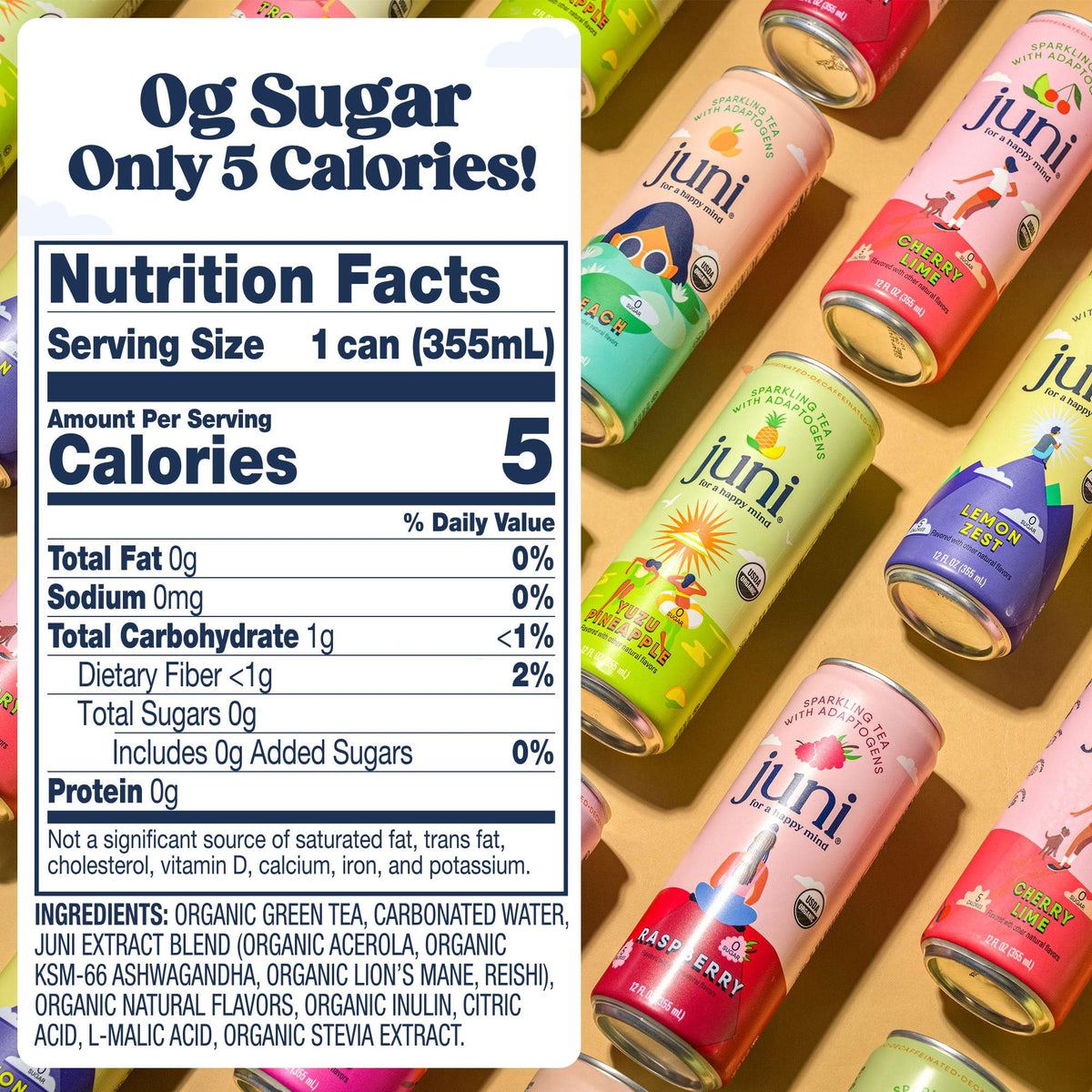JUNI Sparkling Adaptogen Drink with Ashwagandha, Lion's Mane & Reishi – Raspberry, 12 Pack (Zero Sugar, 5 Calories, Organic)